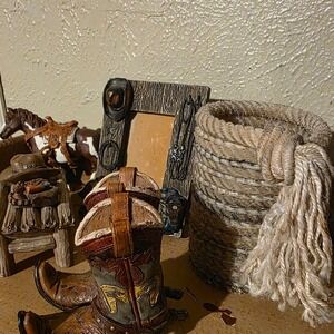 Western Decor Bundle Russ Frame Schleich Horse Cowboy Boot Spur, Rope Holder